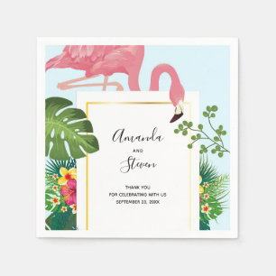 Guardanapo De Papel Casamento de Folhas Tropicais e Flamingo Rosa Na m