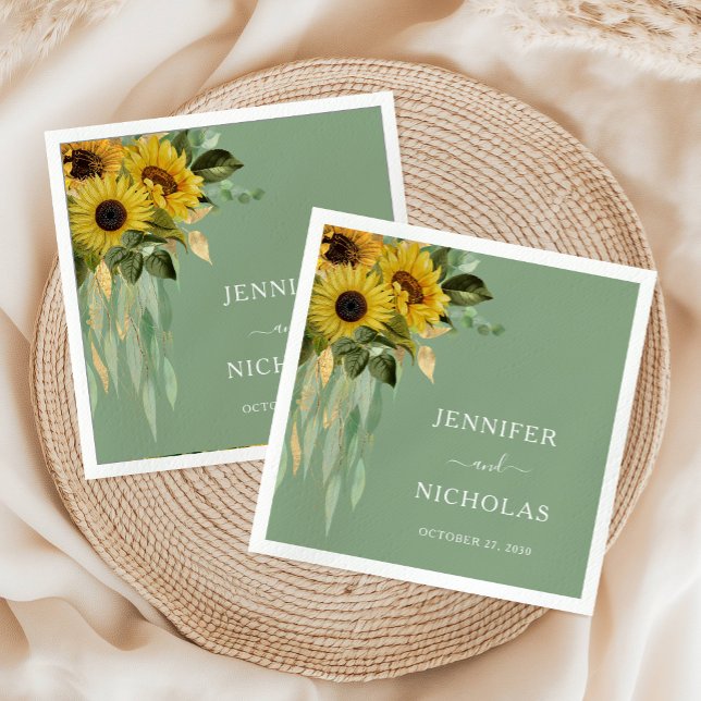 Guardanapo De Papel Casamento de Girassóis Verdes Elegantes (Elegant Green Sunflowers Wedding Napkins)