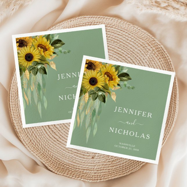 Guardanapo De Papel Casamento de Girassol Floral Verde Elegante (Elegant Green Floral Sunflower Wedding Napkins)