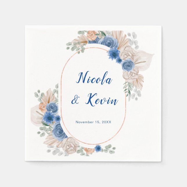 Guardanapo De Papel Casamento de Grama de Pampas Azul Boho (Frente)