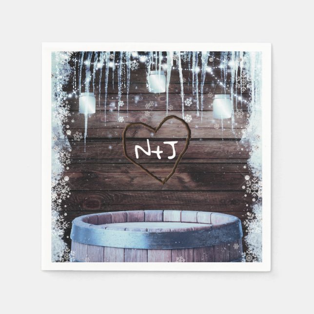 Guardanapo De Papel Casamento de Inverno no Celeiro Rústico com Barril (Frente)