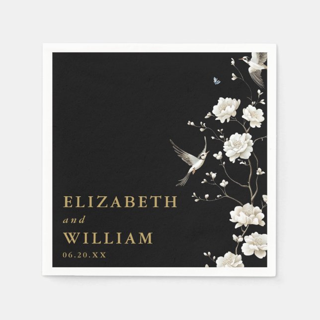 Guardanapo De Papel Casamento De Jardim Floral De Chinoiserie Preta E  (Frente)