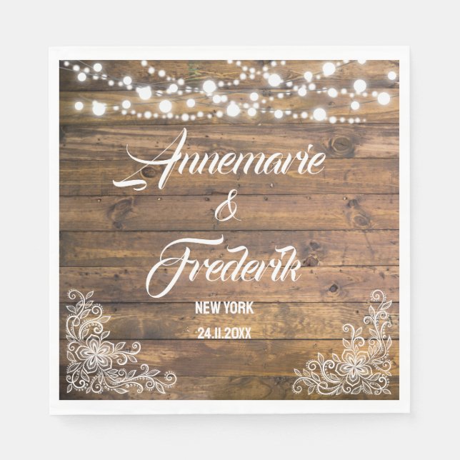 Guardanapo De Papel Casamento de madeiras, rendas e luzes brilhantes (Frente)