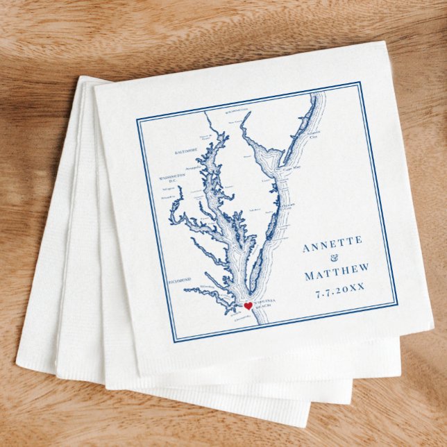 Guardanapo De Papel Casamento de Mapa Azul do Marinho Elegante Virgini (These Virginia Beach map cocktail napkins are perfect for your Chesapeake Bay destination wedding)