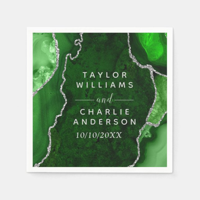 Guardanapo De Papel Casamento de Marble de Agata Verde e Prateado (Frente)