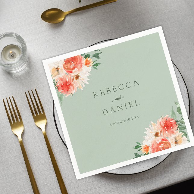 Guardanapo De Papel Casamento de Marinha Verde Boho Laranja Flores Sel (Criador carregado)