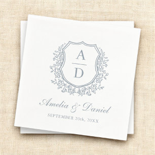 Guardanapo De Papel Casamento de Monograma Azul Elegante Crest Dusty
