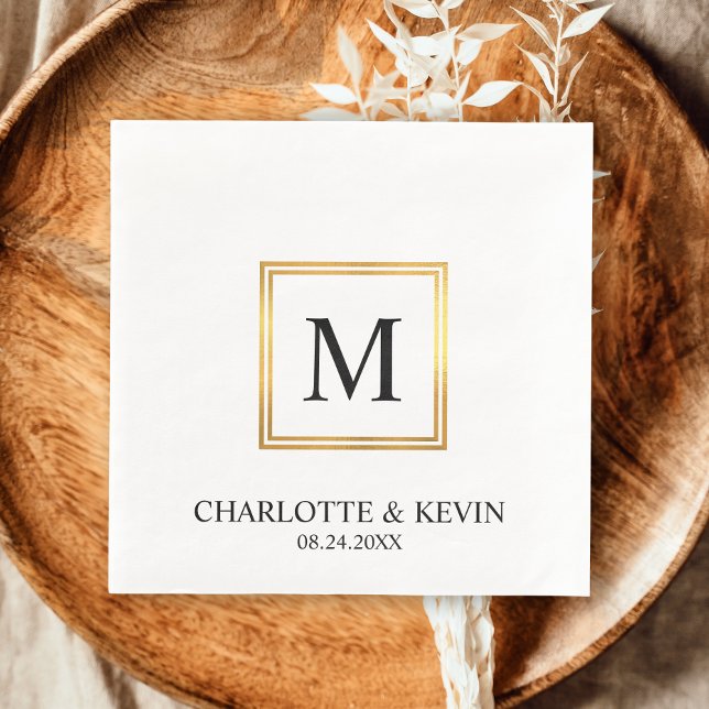 Guardanapo De Papel Casamento de Monograma Branco Preto com Quadro Dou (Modern Gold Frame Black White Monogram Wedding Napkins)