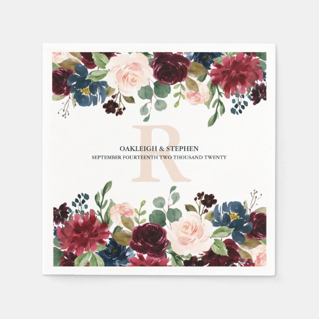 Guardanapo De Papel Casamento de Monograma com Aquarela Floral Rosa Bu (Frente)