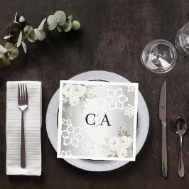 Guardanapo De Papel Casamento de monograma com flores brancas prateada