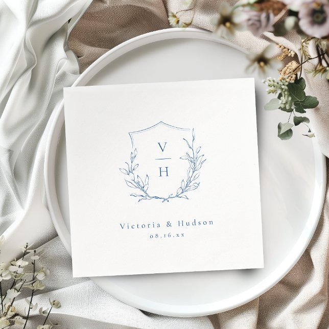 Guardanapo De Papel Casamento de monograma de crista botânica simples  (Blue simple botanical crest monogram wedding Napkins)