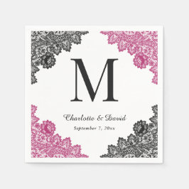 Guardanapo De Papel Casamento de Monograma de rendas Florais Pretas e 
