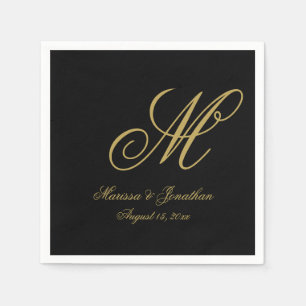 Guardanapo De Papel Casamento de Monograma Dourado Negro Elegante