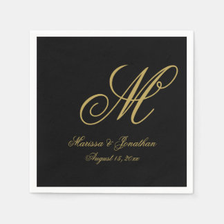 Guardanapo De Papel Casamento de Monograma Dourado Negro Elegante