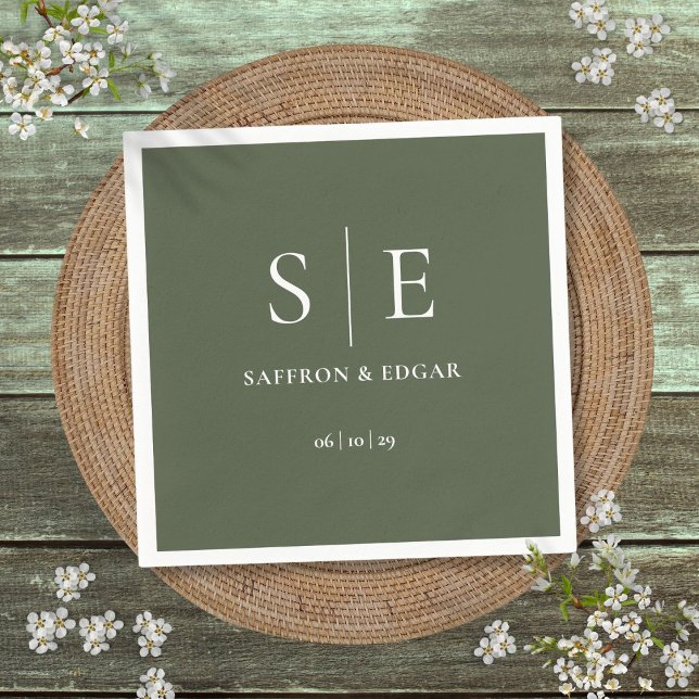 Guardanapo De Papel Casamento de Monograma Verde-Oliva (Olive Green Monogram Wedding Napkins)