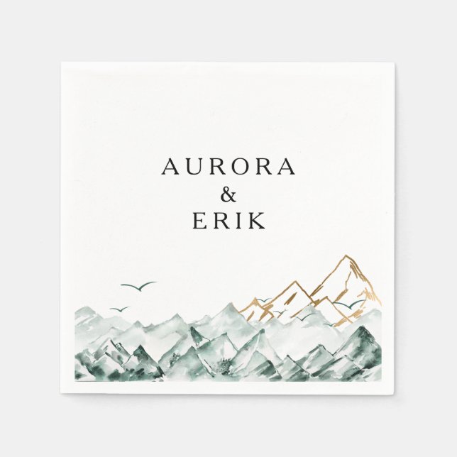 Guardanapo De Papel Casamento de Montanha Verde e Dourada Napkins (Frente)