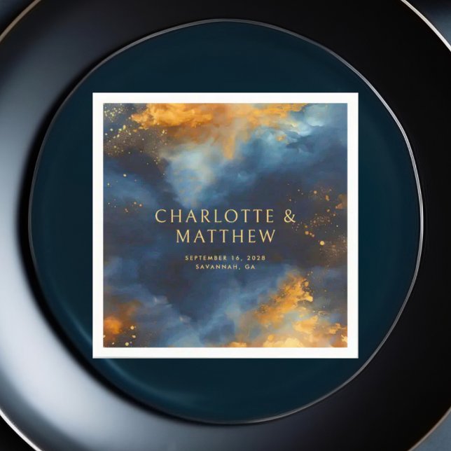 Guardanapo De Papel Casamento de Nomes de Ouro Azul Celestial Abstrato (Criador carregado)