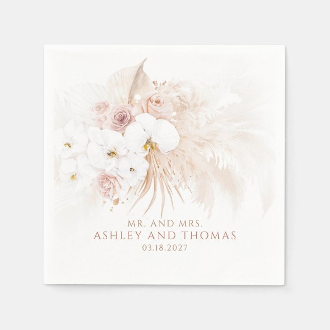 Guardanapo De Papel Casamento de Orquídeas Brancas Botânicas Boho Gram (Frente)