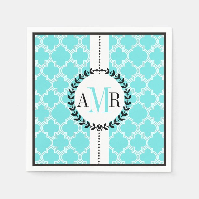 Guardanapo De Papel Casamento de padrão de quatrefoil branco azul-aqua (Frente)