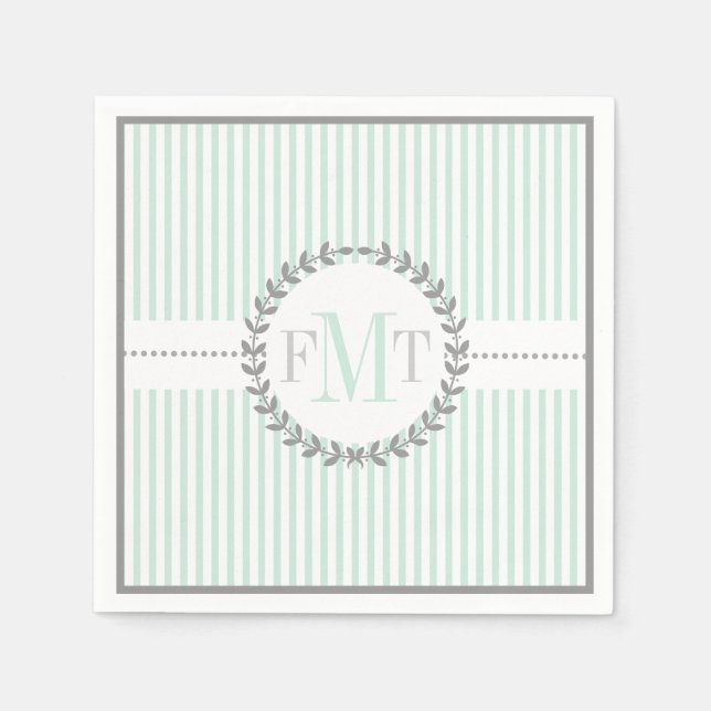 Guardanapo De Papel Casamento de padrão listrado branco, verde-mint (Frente)