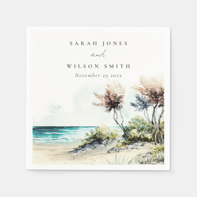 Guardanapo De Papel Casamento de paisagens de praia de Palm, na costa  (Frente)