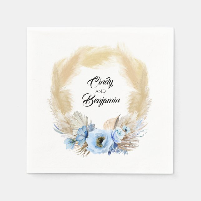 Guardanapo De Papel Casamento de Pampas Grass Dusty Blue Floral Wreath (Frente)