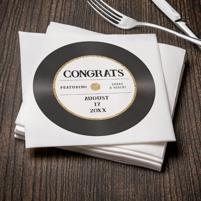 Guardanapo De Papel Casamento de Parabéns pelo Registro de Vinilo Glit (Retro Gold Glitter Vinyl Record Congrats Wedding Napkins
)
