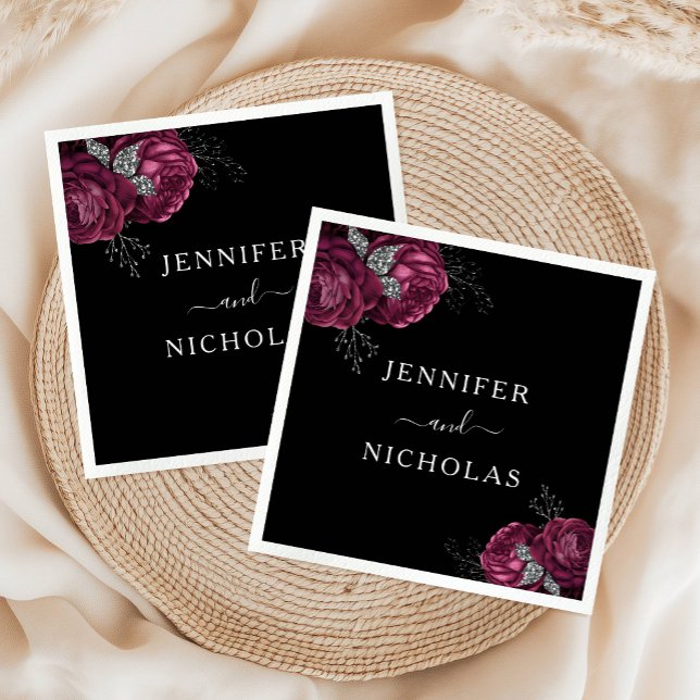 Guardanapo De Papel Casamento de Peões de Borgonha Floral Negra (Black Floral Burgundy Peonies Wedding Napkins)