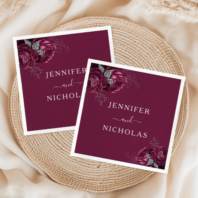 Guardanapo De Papel Casamento de Peões Florais Elegante Burgundy (Elegant Burgundy Floral Peonies Wedding Napkins)