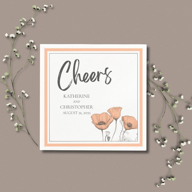 Guardanapo De Papel Casamento de Pêpias Florais de Pêssego Elegante (Peach Poppies Elegant Wedding Cheers Cocktail Napkin with California Poppies.)