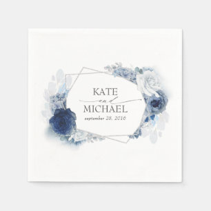Guardanapo De Papel Casamento de Prata Floral Azul-Marinho