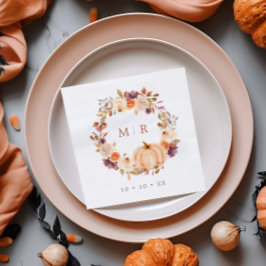 Guardanapo De Papel Casamento de Pumpkin & Purple Floral Wreath Monogr