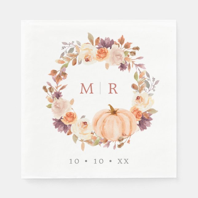 Guardanapo De Papel Casamento de Pumpkin & Purple Floral Wreath Monogr (Frente)