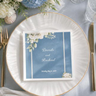 Guardanapo De Papel Casamento de Rosas Brancas em Azul Poeirento Elega