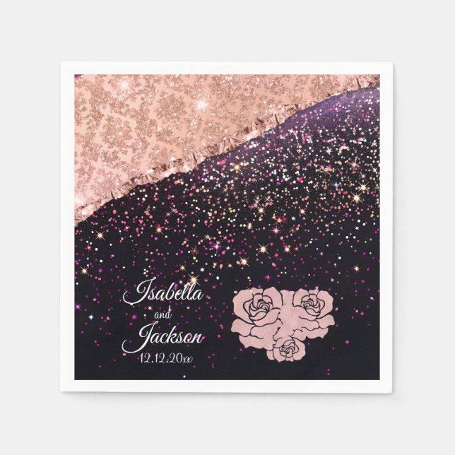 Guardanapo De Papel Casamento de Rosas de Blush Rosa preto-brilhante (Frente)