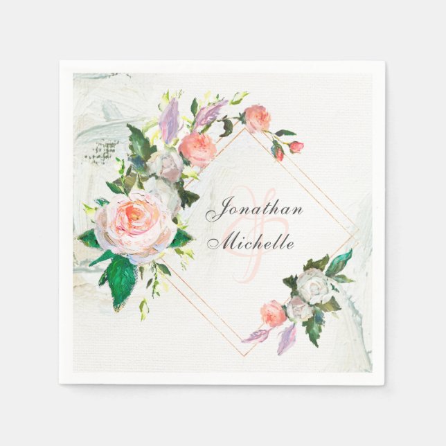 Guardanapo De Papel Casamento de Rosas de Tintas de Óleo Branco e Rosa (Frente)