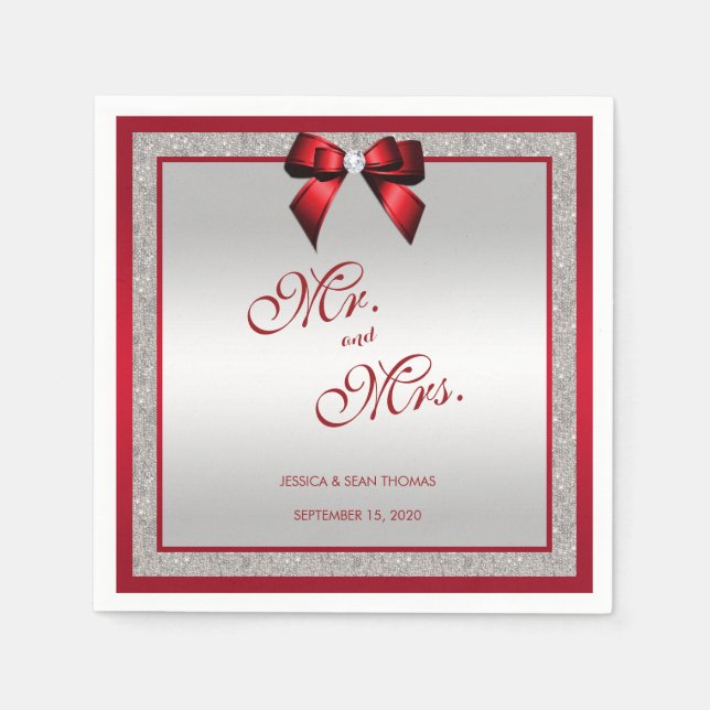Guardanapo De Papel Casamento de Ruby Red & Silver Glitter Elegante (Frente)
