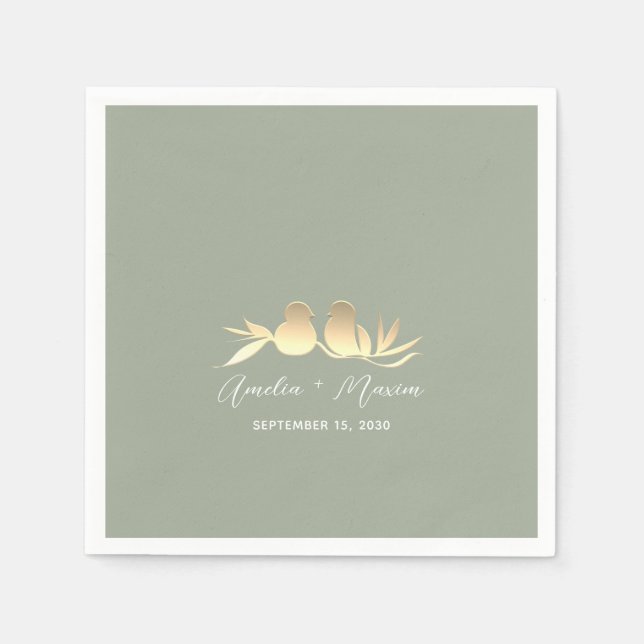 Guardanapo De Papel Casamento de Sage Green Dourado Lovebird (Frente)
