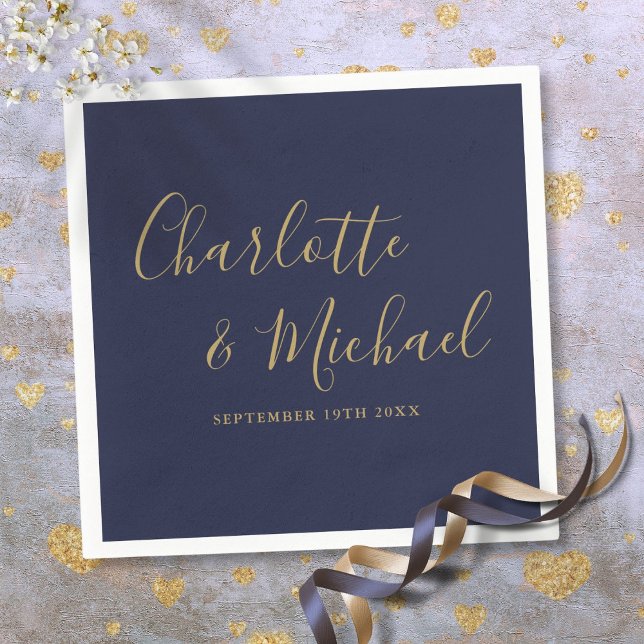 Guardanapo De Papel Casamento De Script De Assinatura marinho Azul E D (Navy Blue And Gold Signature Script Wedding Napkins)