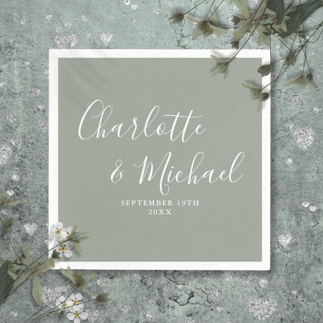Guardanapo De Papel Casamento de Script de Assinatura Verde de Sage Mo (Modern Elegant Sage Green Signature Script Wedding Napkins)