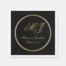 Guardanapo De Papel Casamento de Script Dourado Monograma Preto Elegan