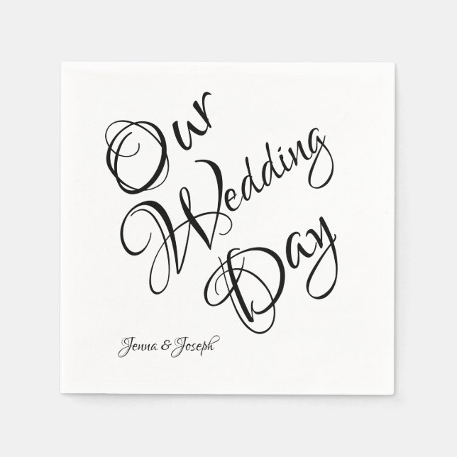 Guardanapo De Papel Casamento de Script Elegante Preto e Branco (Frente)