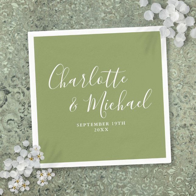 Guardanapo De Papel Casamento de Script Moderno Elegante Verde Moss (Moss Green Elegant Modern Script Wedding Napkins)