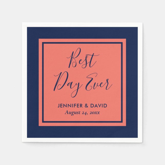 Guardanapo De Papel Casamento de Script Moderno marinho Azul e Coral (Frente)