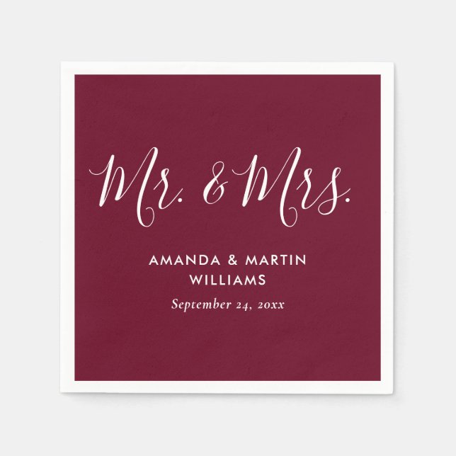 Guardanapo De Papel Casamento de Script Moderno Simples Burgundy (Frente)