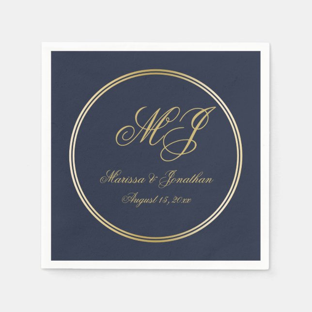 Guardanapo De Papel Casamento de Script Monograma Azul Dourado Elegant (Frente)
