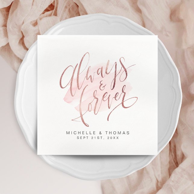 Guardanapo De Papel Casamento De Script Sempre E Para Sempre Com rosa  (Rose Gold Blush Always And Forever Script Wedding Napkins)