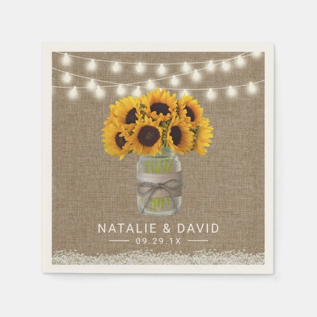 Guardanapo De Papel Casamento de Sunflower Mason Jar Rustic Floral Bur (Frente)