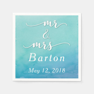 Guardanapo De Papel Casamento de Teal & Blue Watercolor Sr. & Sra. Typ