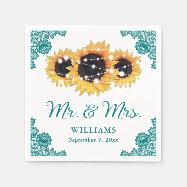 Guardanapo De Papel Casamento de Teal Rustic Chic Lace Sunflower (Frente)